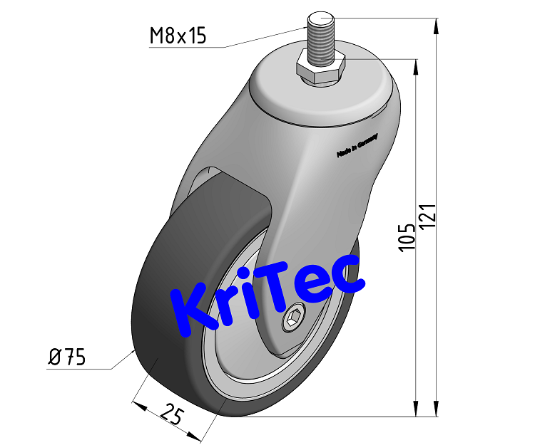 KriTec Lenkrolle D75 Vollkunststoff grau mit Bolzen M8x15