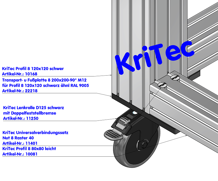 KriTec Transport- und Fußplatte 8 200x200-90° M12 für Profil 8 120x120 schwarz