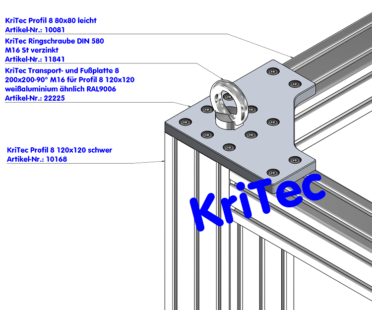 KriTec Transport- und Fußplatte 8 200x200-90° M16 für Profil 8 120x120 weißaluminium