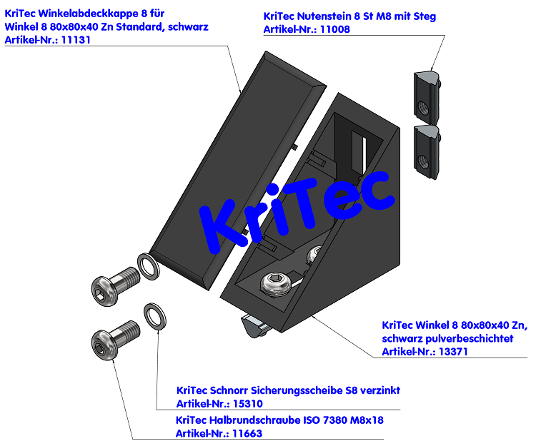 KriTec Winkelsatz 8 80x80x40 Zn, schwarz pulverbeschichtet