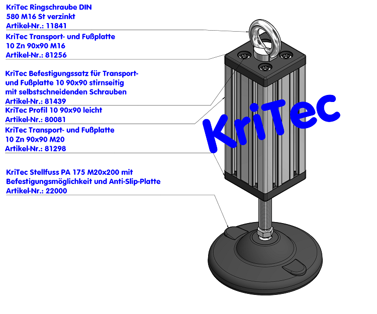 KriTec Stellfuß PA 175 mit Befestigungsmöglichkeit und Anti-Slip-Platte