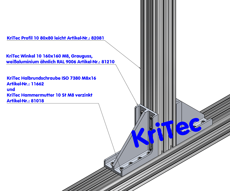 KriTec Winkel 10 160x160, Grauguss, weißaluminium ähnlich RAL 9006