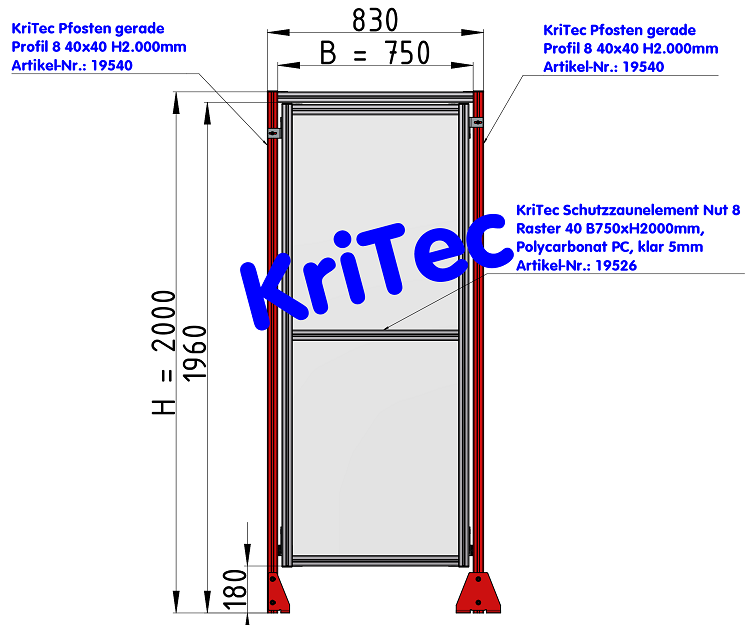 KriTec Schutzzaunelement Nut 8 Raster 40, B750xH2000mm, Polycarbonat PC, klar 5mm