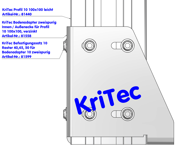 KriTec Bodenadapter zweispurig Innen-/ Außenecke für Profil 10 100x100, verzinkt