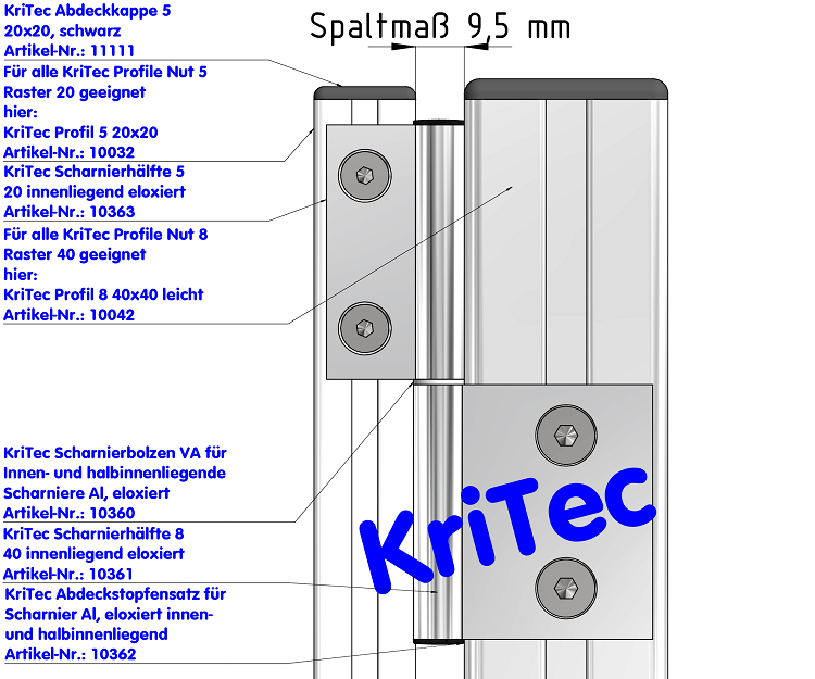 KriTec Scharnierhälfte 5 20 innenliegend, eloxiert