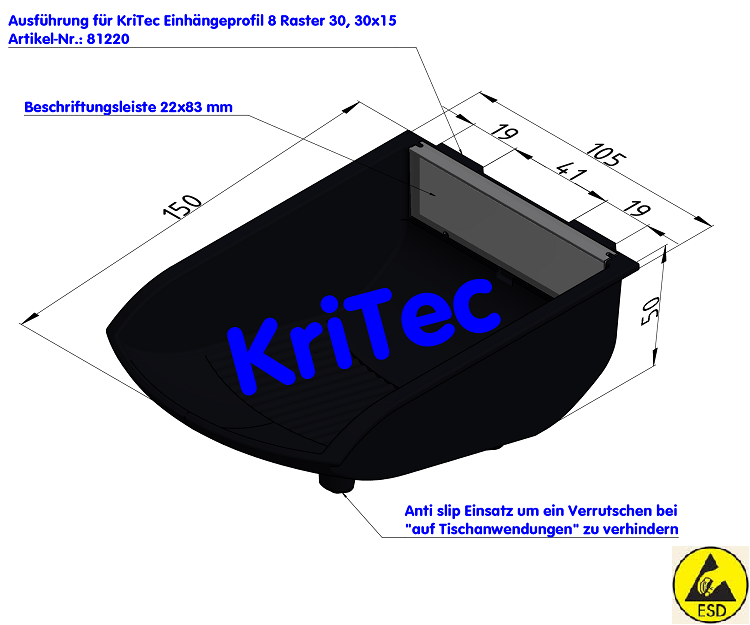 KriTec Greifschale Schiene 105x130x50 schwarz ähnl. RAL 9005 antistatisch