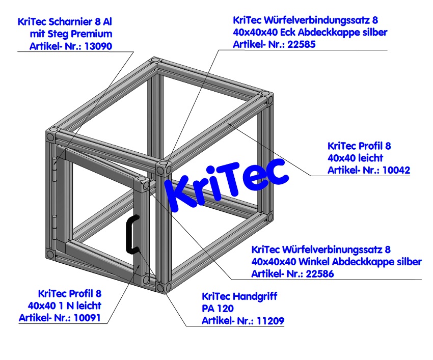 KriTec Würfelverbindungssatz 8 40x40x40 Winkel 2D inkl. 2 Abdeckkappen silber