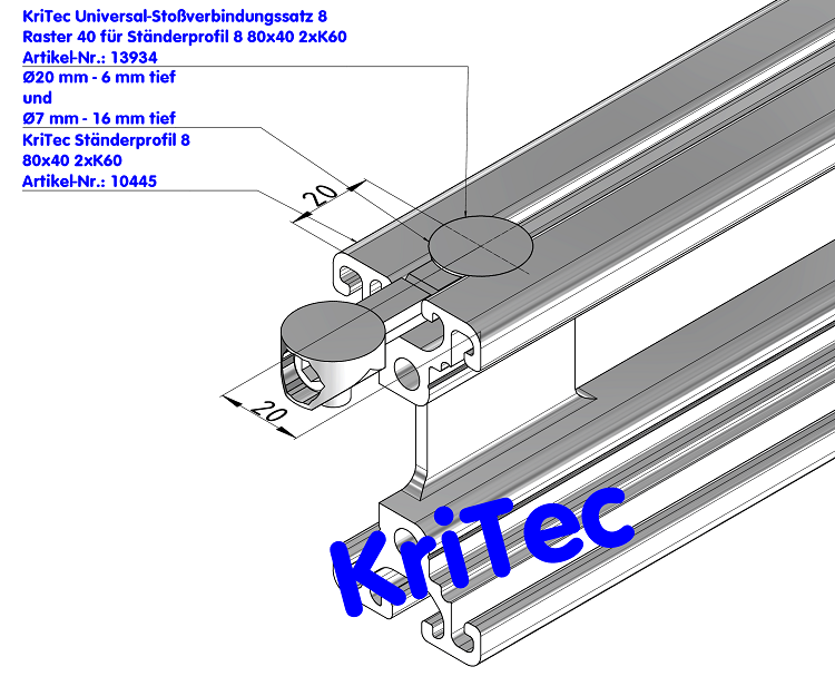 KriTec Universal-Stoßverbindungssatz 8 Raster 40 für Ständerprofil 8 80x40 2xK60