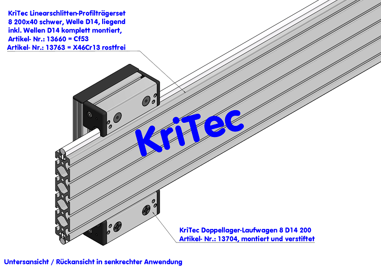KriTec Linearschlitten-Profilträgerset 8 200x40 schwer, Welle D14, liegend