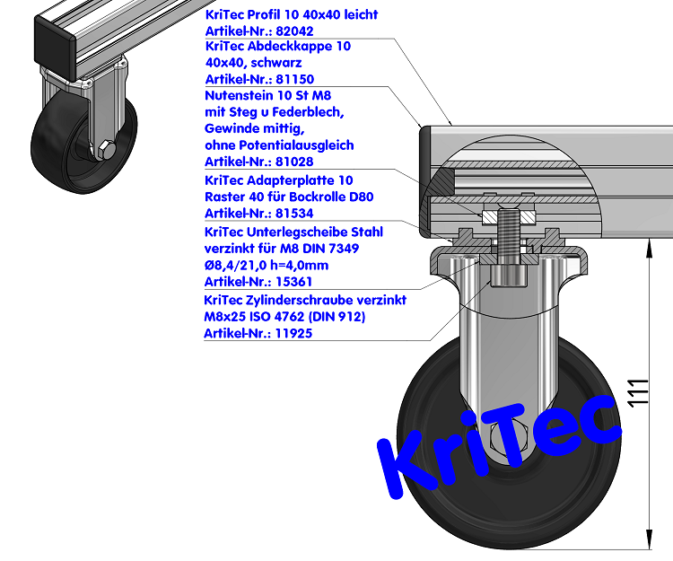 KriTec Adapterplatte 10 Raster 40 für Bockrolle D80