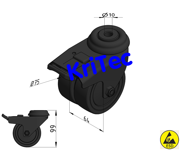 KriTec Doppel-Lenkrolle 2x D75 mit Doppelfeststellbremse, antistatisch