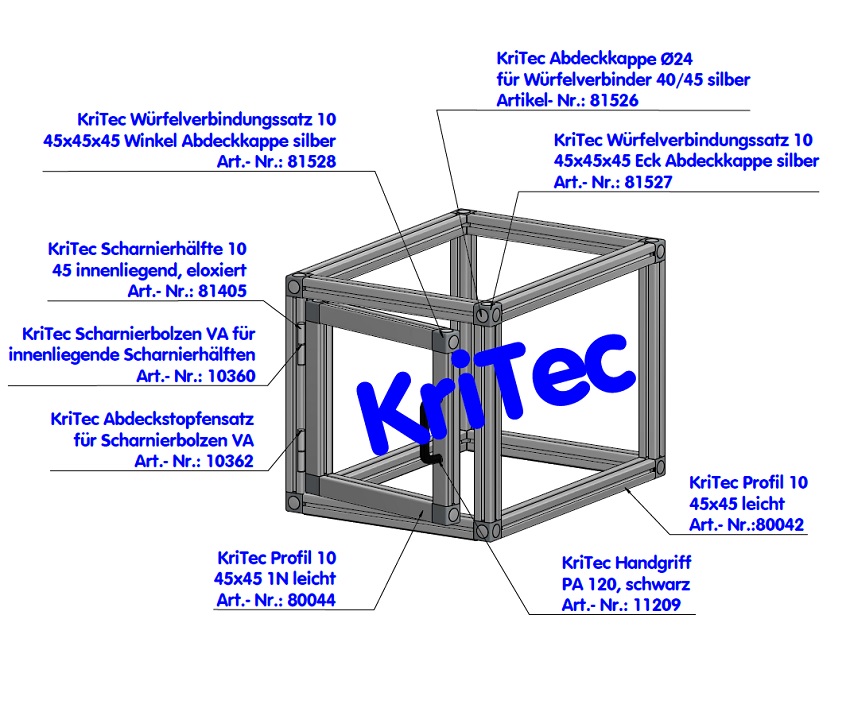 KriTec Würfelverbindungssatz 10 45x45x45 ECK 3D, Abdeckkappe silber