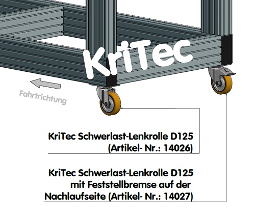 KriTec Schwerlast-Lenkrolle D125 mit Feststeller an der Nachlaufseite