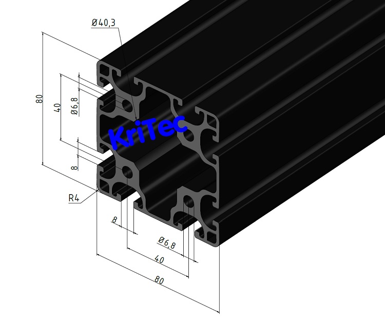 KriTec Profil 8 80x80 leicht, schwarz mit Schutzfolie