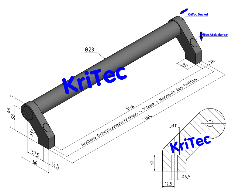 KriTec Rohrgriff Zn/ Al 45° gekröpft 750mm