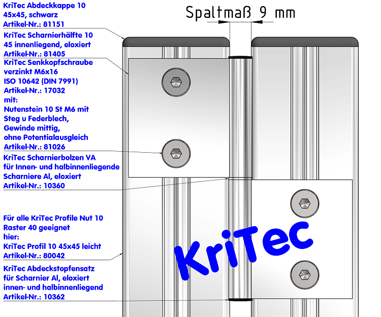 KriTec Scharnierhälfte 10 45 innenliegend, eloxiert