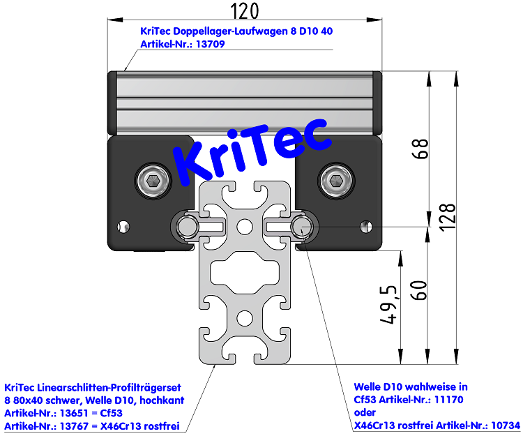 KriTec Linearschlitten-Profilträgerset 8 80x40 schwer, Welle D10, hochkant