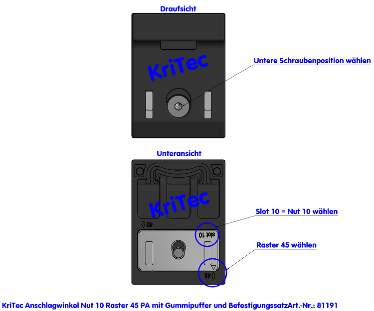 KriTec Anschlagwinkel 10 Raster 45 PA mit Gummipuffer