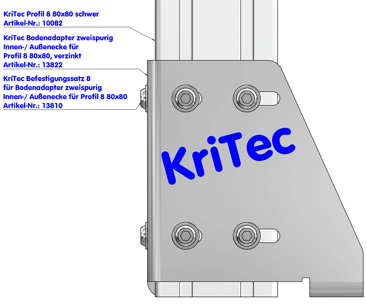KriTec Bodenadapter zweispurig Innen-/ Außenecke für Profil 8 80x80, verzinkt