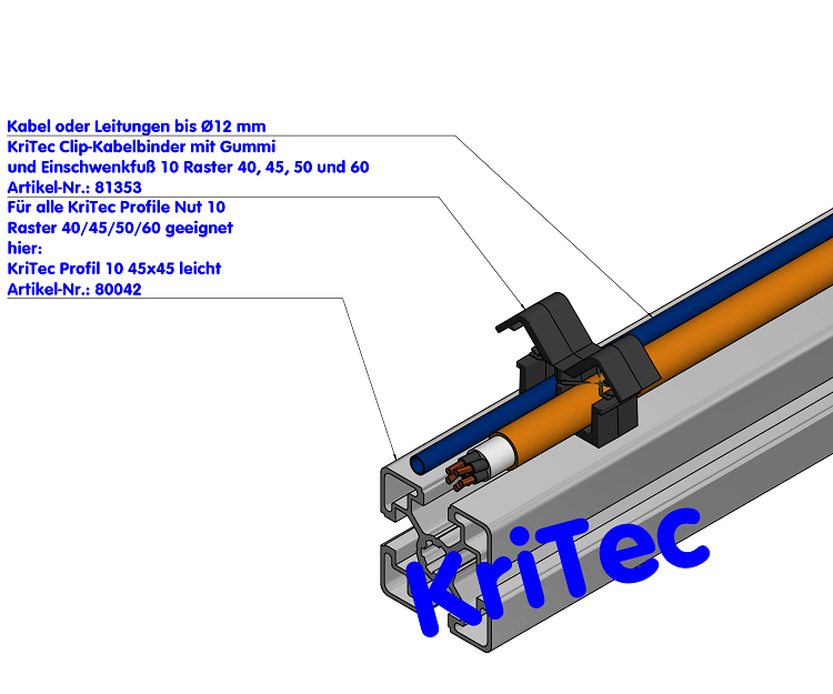 KriTec Clip-Kabelbinder mit Gummi und Einschwenkfuß 10 Raster 40, 45, 50 und 60