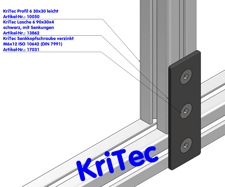 KriTec Lasche 6 90x30x4 schwarz, mit Senkungen