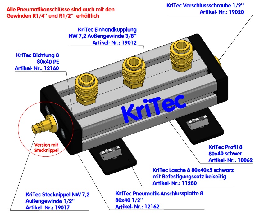 KriTec Pneumatik-Anschlussplatte 8 80x40 G1/2"
