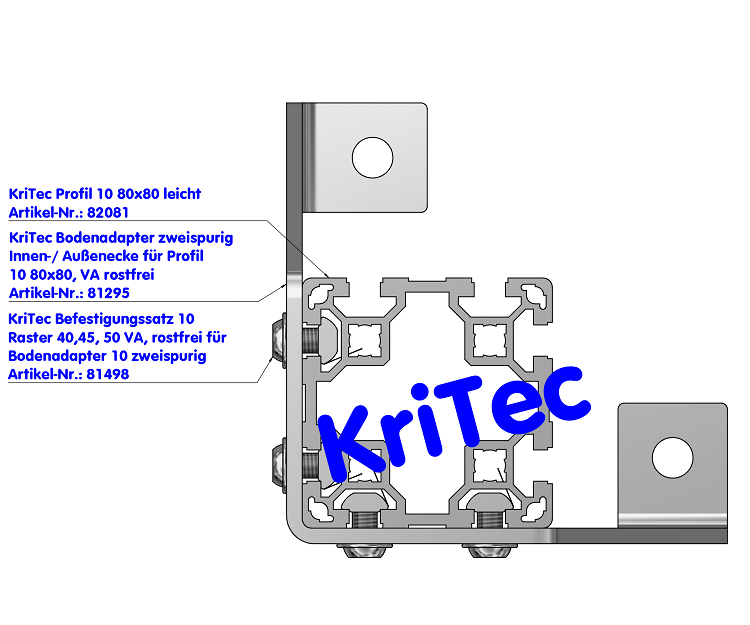 KriTec Bodenadapter zweispurig Innen-/ Außenecke für Profil 10 80x80, VA rostfrei