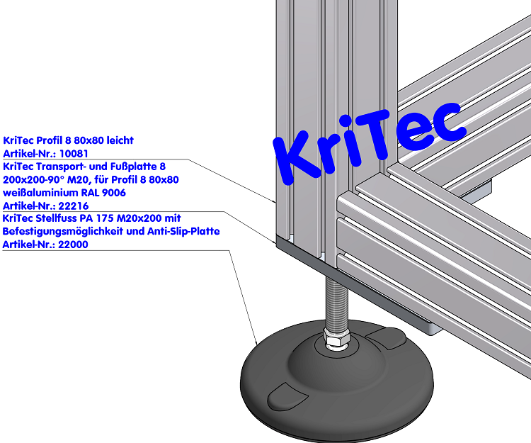 KriTec Transport- und Fußplatte 8 200x200-90° M20 für Profil 8 80x80, weißaluminium