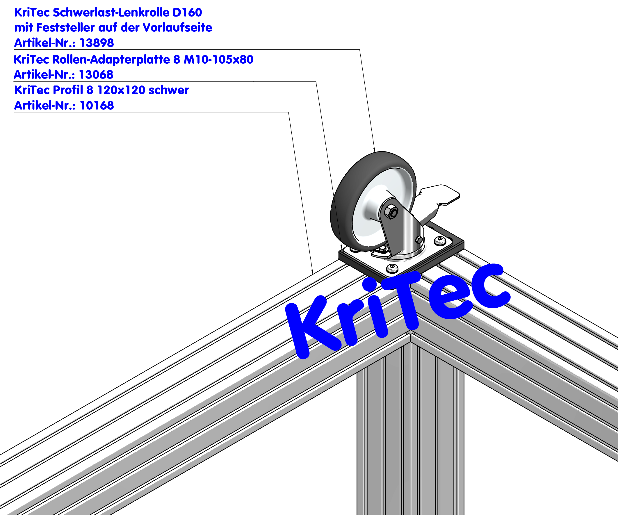 KriTec Schwerlast-Lenkrolle D160 mit Feststeller auf der Vorlaufseite