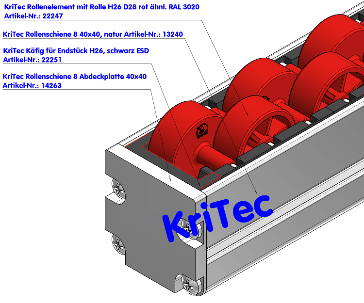 KriTec Rollenelement D28 mit Rolle H26 rot ähnl. RAL 3020