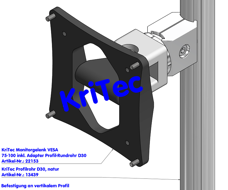 KriTec Monitorgelenk VESA 75-100 inkl. Adapter Profil-Rundrohr D30