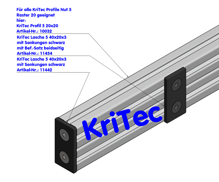 KriTec Lasche 5 40x20x3 mit Senkungen schwarz