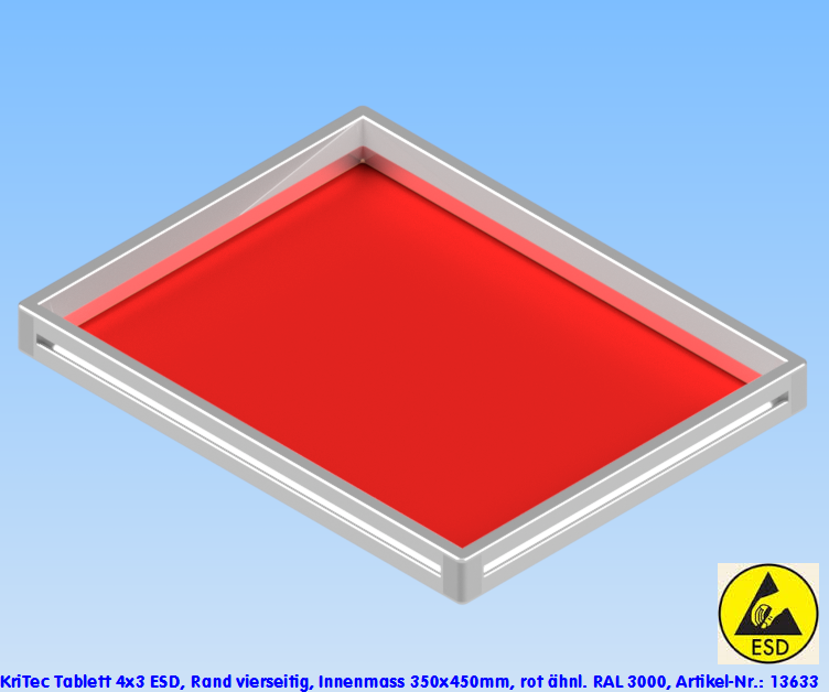 KriTec Tablett 4x3 ESD, Rand vierseitig, Innenmaß 410x310mm, rot ähnl. RAL 3000