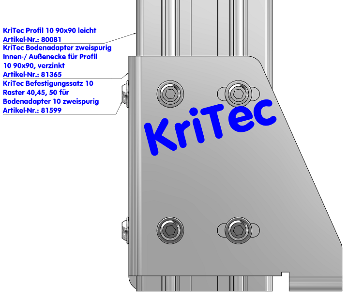 KriTec Bodenadapter zweispurig Innen-/ Außenecke für Profil 10 90x90, verzinkt