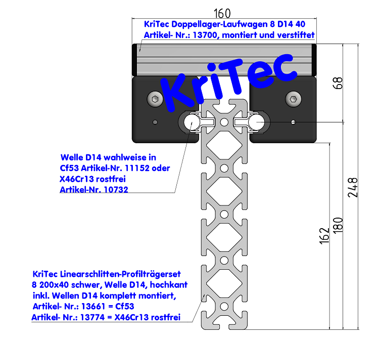 KriTec Linearschlitten-Profilträgerset 8 200x40 schwer, Welle D14, hochkant
