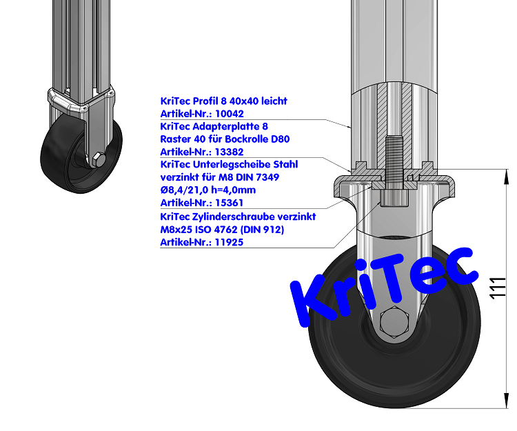KriTec Bockrolle D80 Vollgummi grau