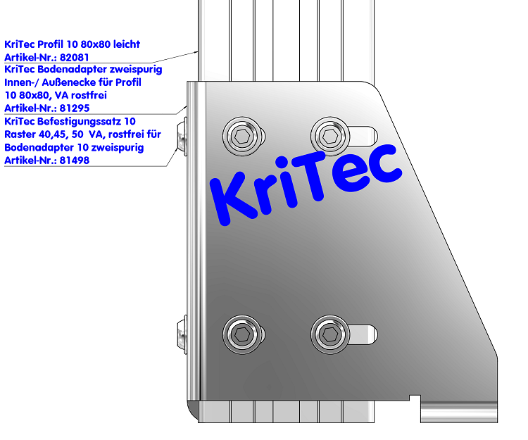 KriTec Bodenadapter zweispurig Innen-/ Außenecke für Profil 10 80x80, VA rostfrei
