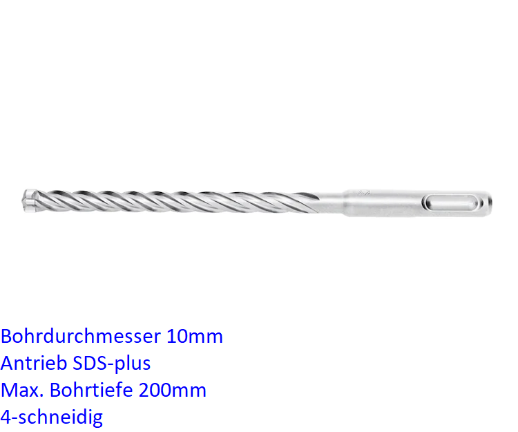 KriTec Betonbohrer 4-schneidig Ø10x265 mit SDS-plus Antrieb