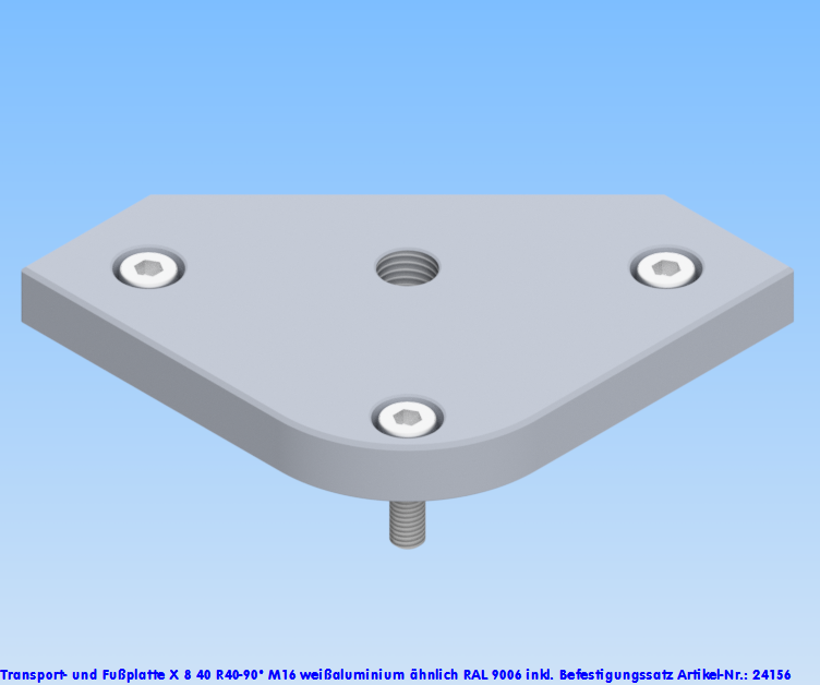 KriTec Transport- und Fußplatte X 8 40 R40-90° M16, weißaluminium ähnlich RAL 9006