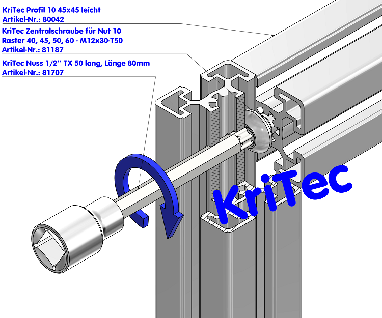 KriTec Zentralschraube für Nut 10 Raster 40, 45, 50, 60 - M12x30-T50