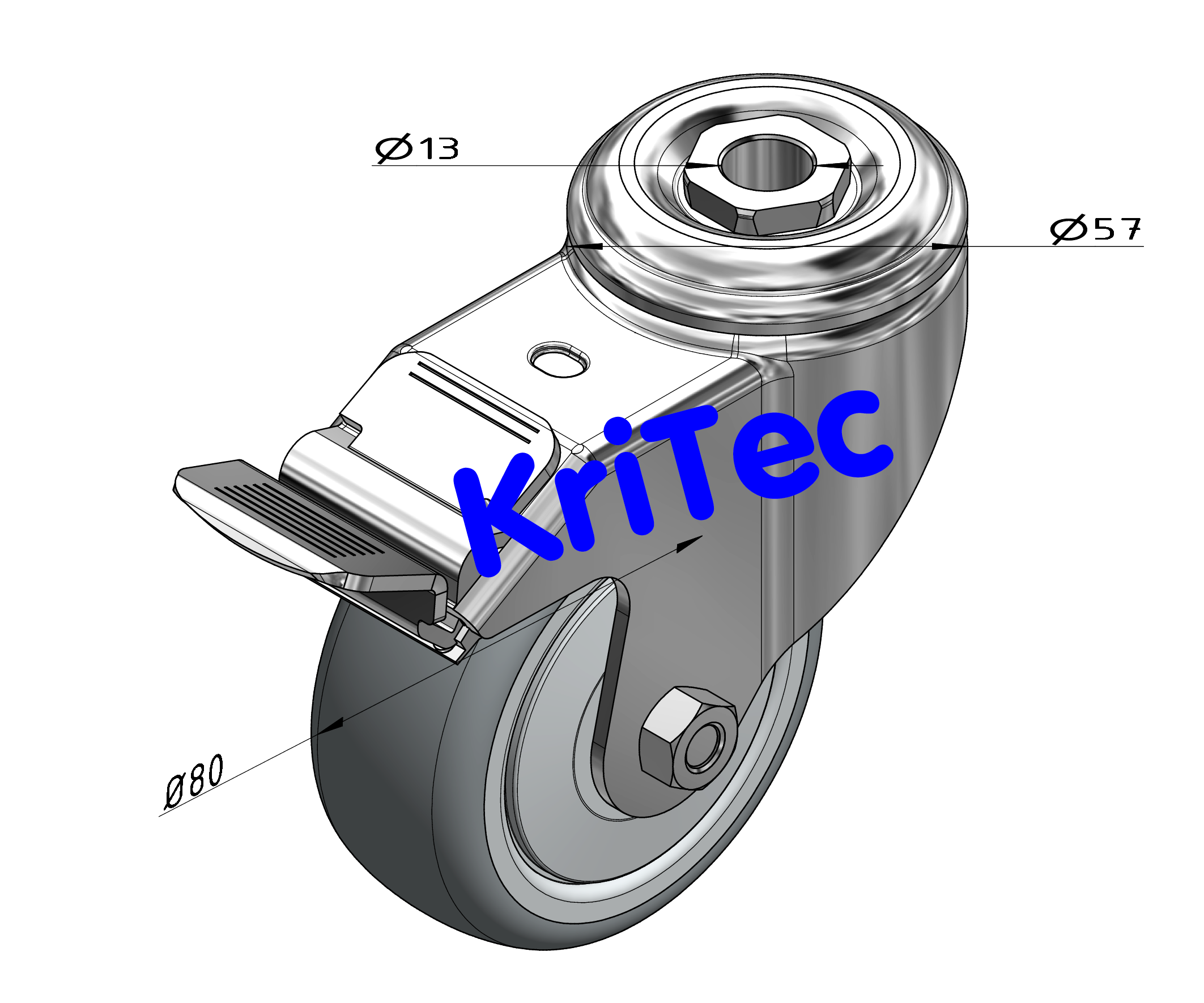 KriTec Lenkrolle D80 TPE grau mit Doppelfestbremse