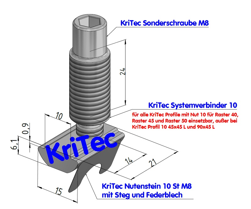 KriTec Systemverbinder 10 für alle Profile Nut 10 außer 45x45 L und außer 90x45 L