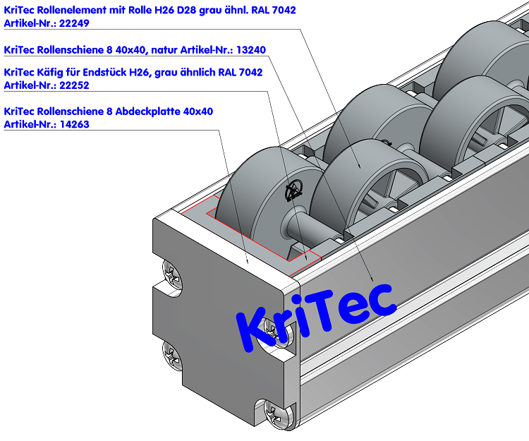 KriTec Rollenelement D28 mit Rolle H26 grau ähnl. RAL 7042