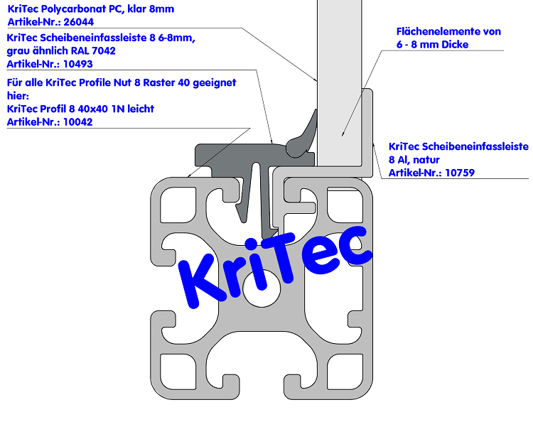 KriTec Scheibeneinfassleiste 8 6-8mm, grau ähnlich RAL 7042