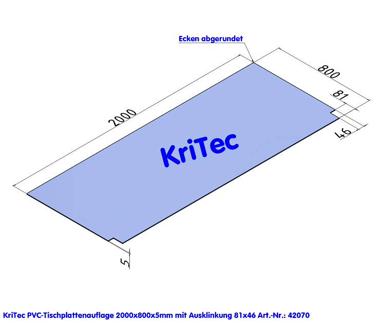 KriTec PVC-Tischplattenauflage 2.000x800x5mm transparent mit Ausklinkungen 81x46mm