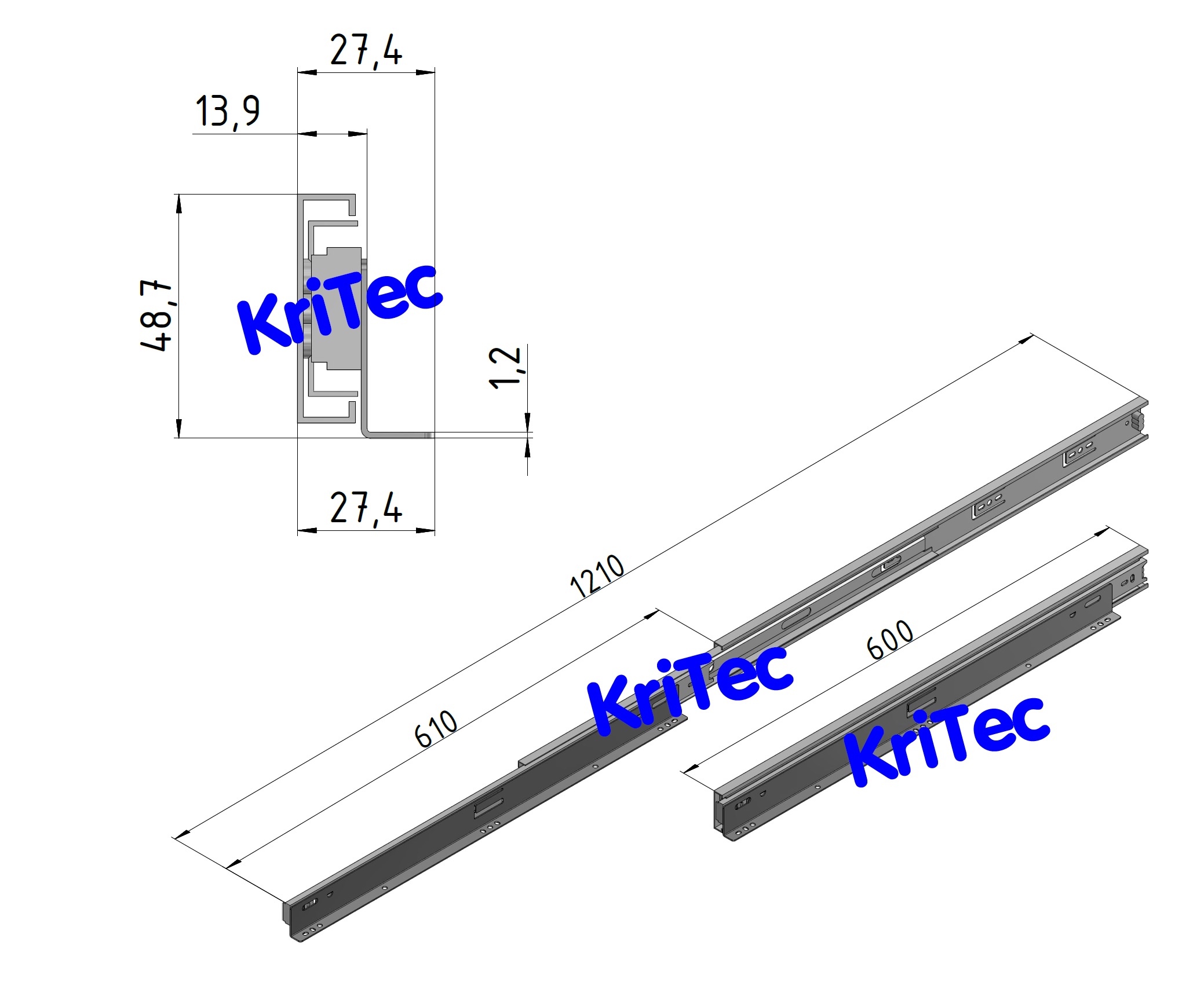 KriTec Satz Teleskopauszug 600 inkl. Einsteckwinkel