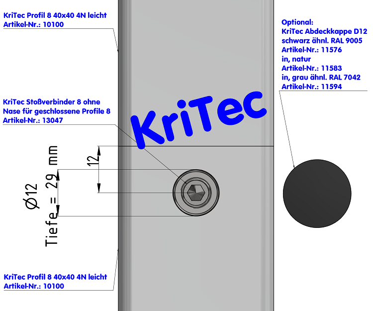 KriTec Stoßverbinder 8 ohne Nase für geschlossene Profile 8 Raster 40