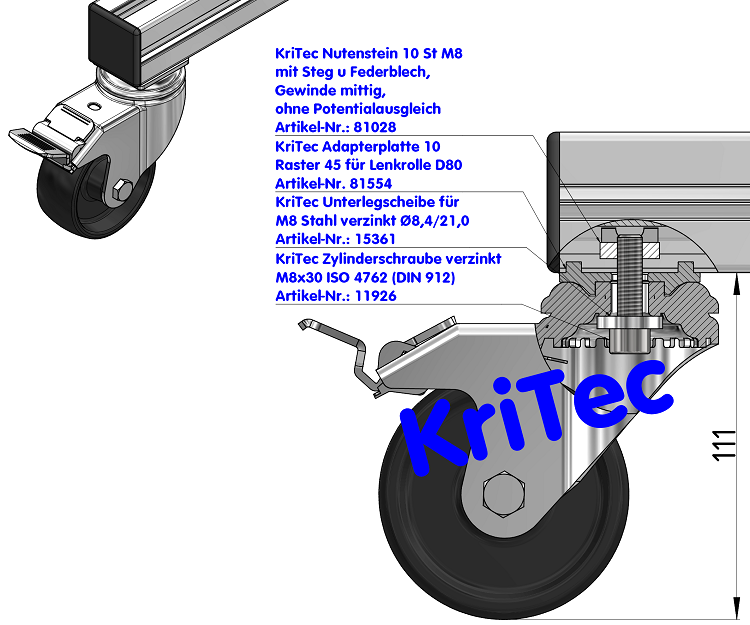 KriTec Adapterplatte 10 Raster 45 für Lenkrolle D80