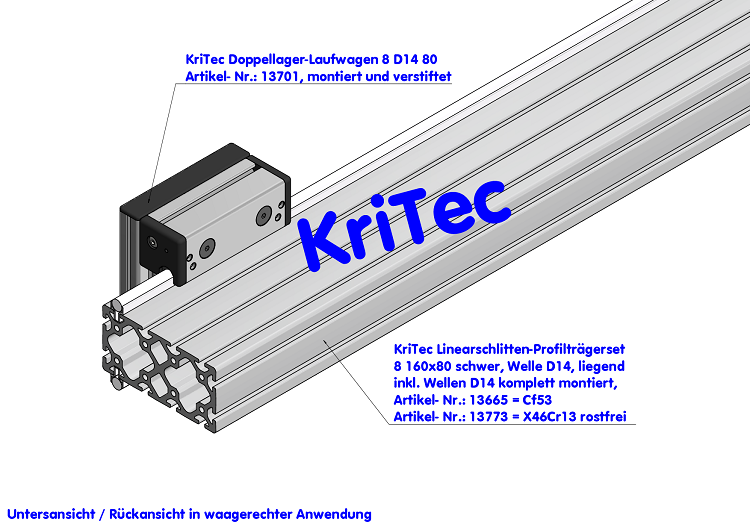 KriTec Linearschlitten-Profilträgerset 8 160x80 schwer, Welle D14, hochkant