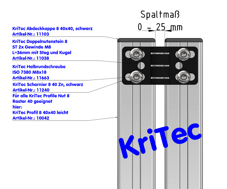 KriTec Doppelnutenstein 8 St 2x Gewinde M8 L=36mmmit Steg und Kugel